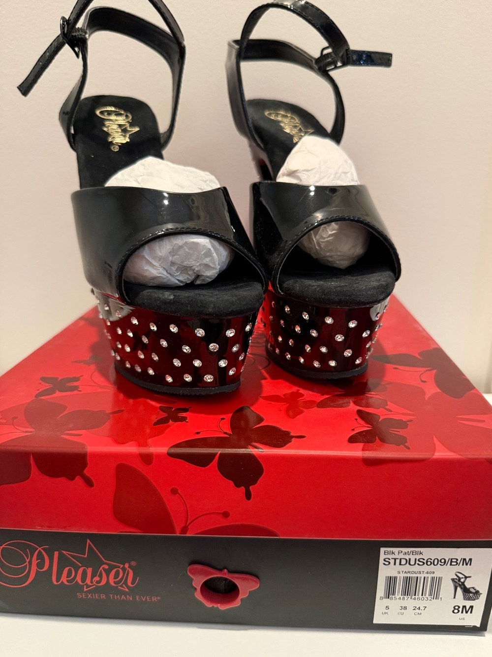 Pleaser Black Patent Platform Sandals with Studded Red Heel